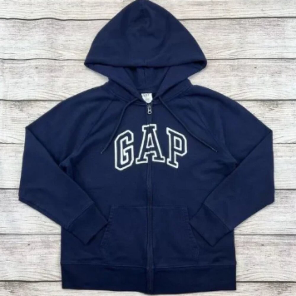 GAP VINTAGE LOGO BIG SPELL OUT HOODIE SWEATSHIRT FULL ZIP NAVY WHITE Large